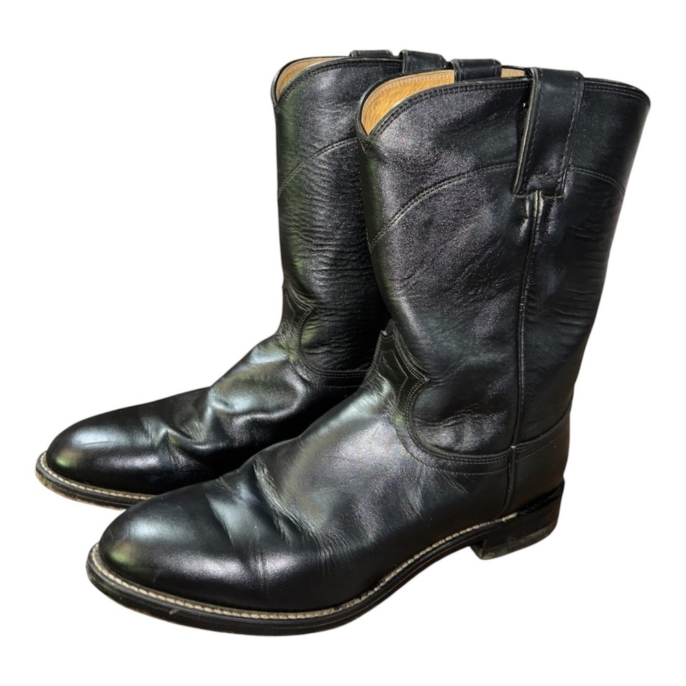 Justin Boots 3133 Men's Size 9.5 D Black Leather Roper Cowboy Boots Reg Western